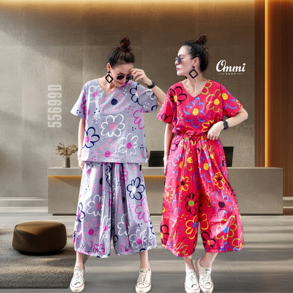 Ommishop 55699D ชุดเซ็ท เสื้อคอวีแขนสั้น และกางเกงทรงบอลลูน ลายดอกเดซี่ Cotton Japan 100% (Bonus)...