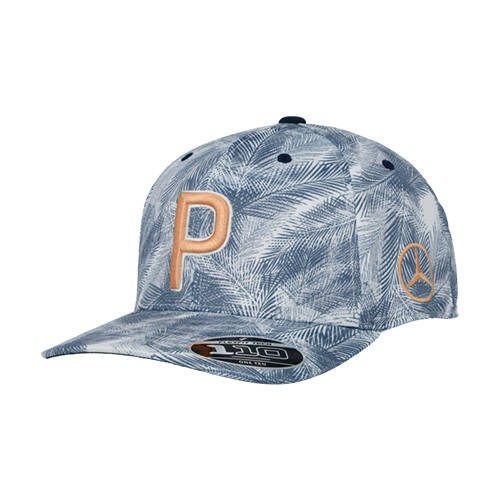 Mercedes-Benz หมวกกอล์ฟ สีน้ำเงิน/ส้ม ลายใบปาล์ม ปักดาว Mercedes ผลิตโดย PUMA for Mercedes-Benz