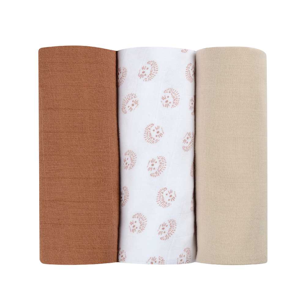 BEABA ผ้าอ้อมเอนกประสงค์  Pack of 3 Muslins Organic Cotton - Hedgehog Brown
