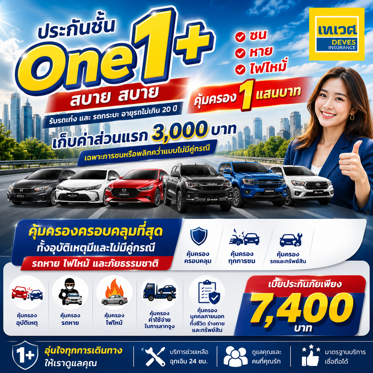 ประกันภัยรถยนต์ชั้น 1+ คุ้มครองครบ ในราคาสบายกระเป๋า ชน หาย ไฟไหม้