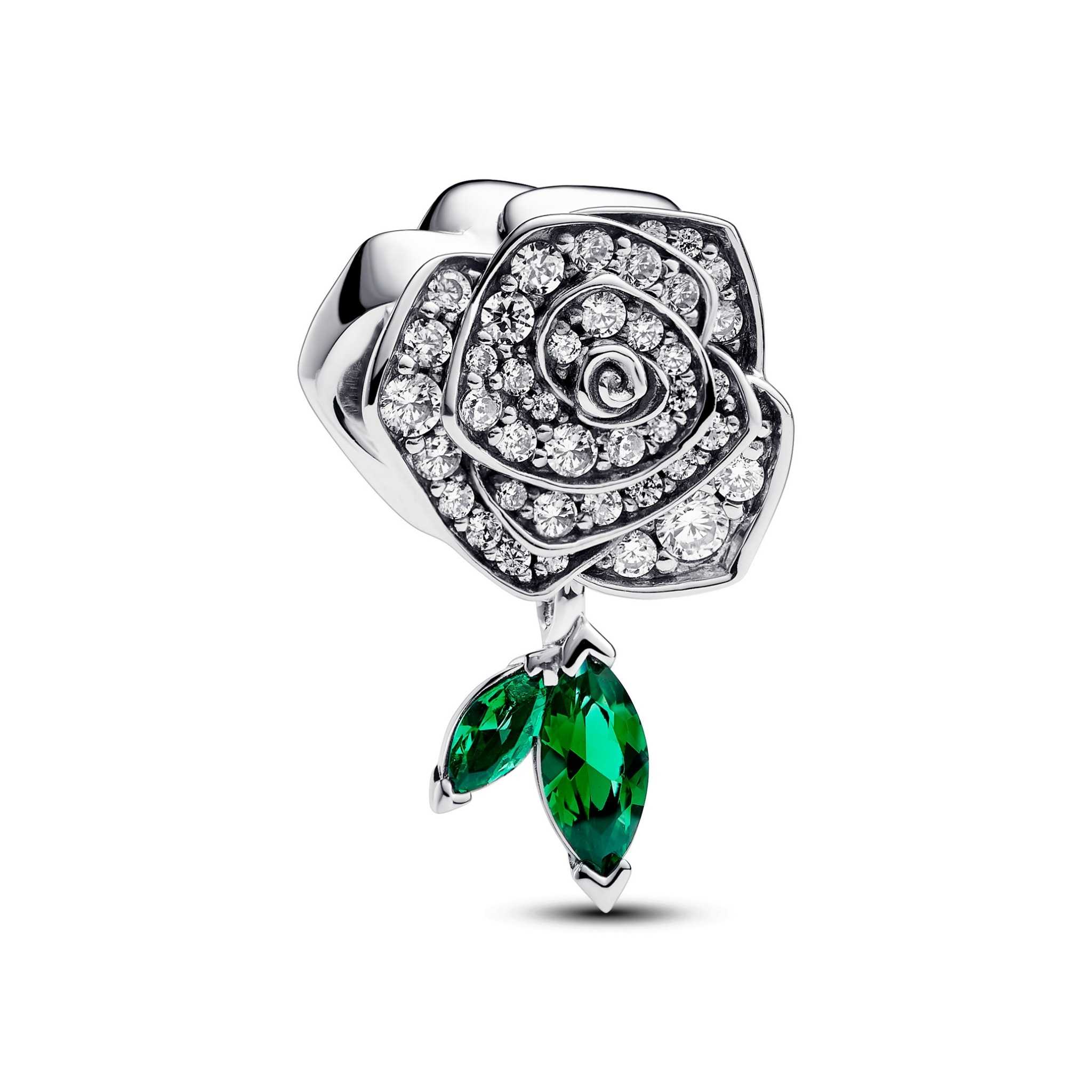 Rose sterling silver charm with clear cubic zirconia and green stone