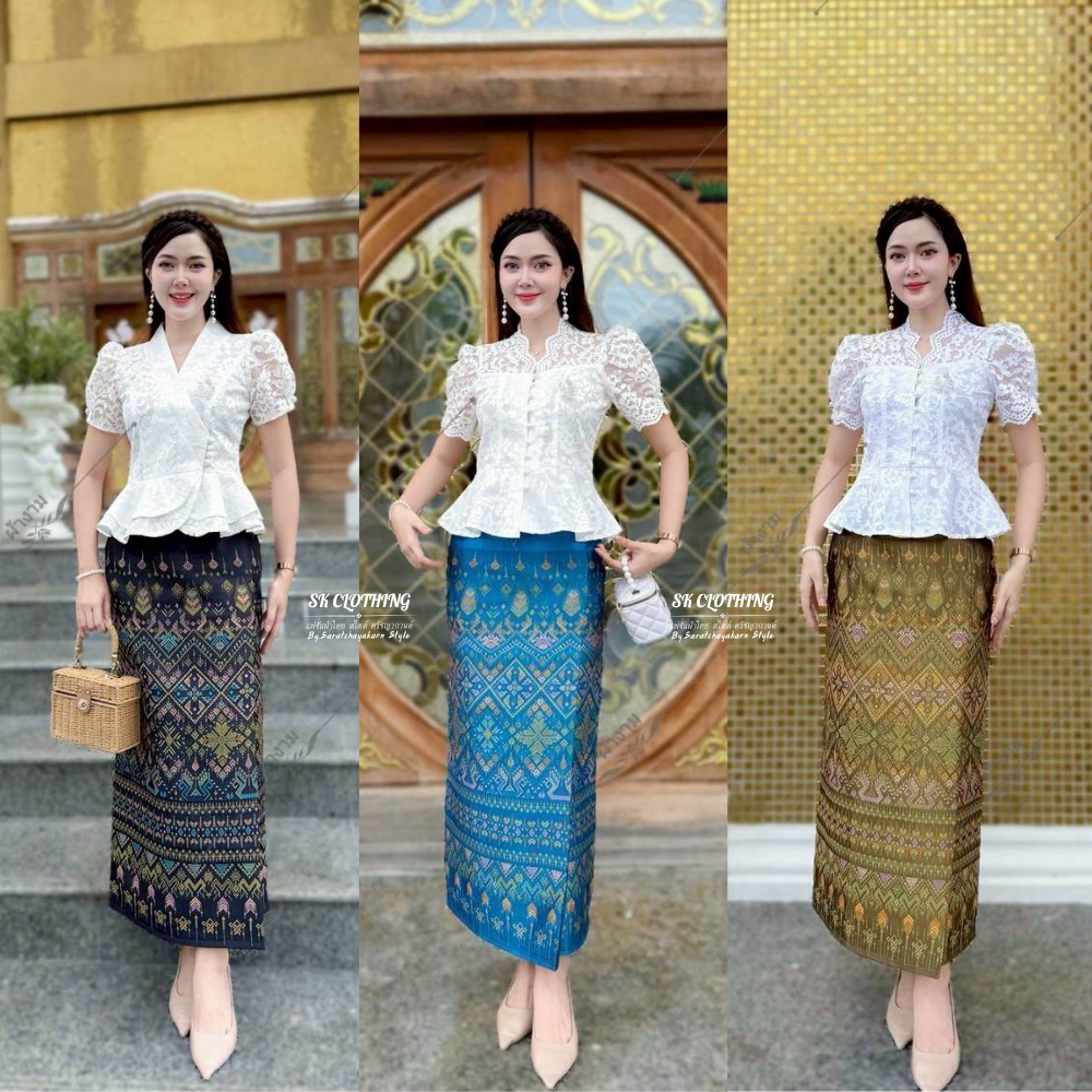 ผ้าถุงสำเร็จ งานป้ายสำเร็จ ซิปซ่อนหลัง มี SIZE S-2XL เนื้อผ้าไหมแกมฝ้ายทอลาย ลายแพรวา อัดกาวทั้งผืน