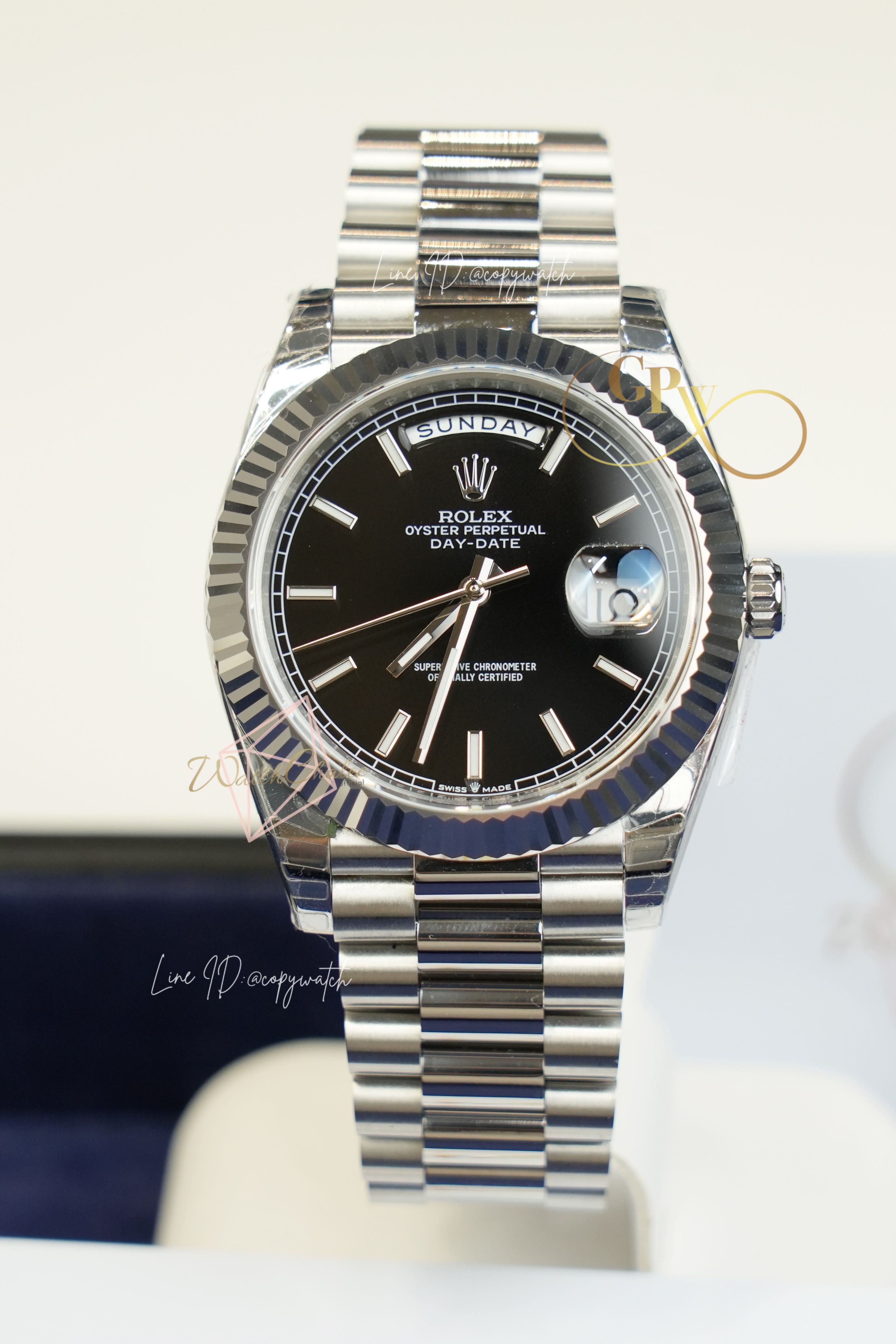 Rolex Day-Date 40 mm. ( Bright black) ทรงหยัก Automatic swiss movement