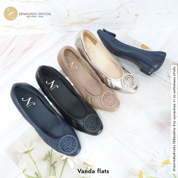 ทรงปกติ:เปลี่ยนไซส์ได้-ไม่รับคืน Zenachoo รุ่น VANDA Flats สูง 1นิ้ว รองเท้าหนังแกะแท้ หนังนิ่ม พ...