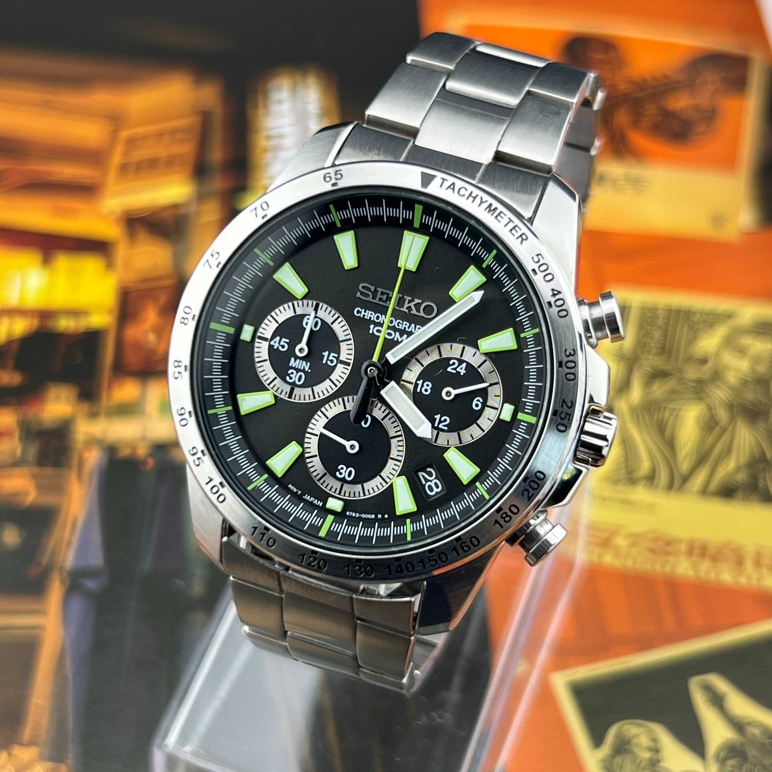 Vintage Seiko Chronograph 100M Quartz Black Dial Ref.6T63-00D0 Date Japan 2002