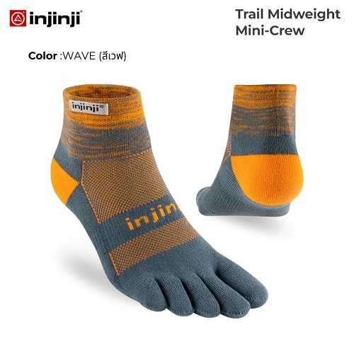 INJINJI ถุงเท้าวิ่ง แยกนิ้ว   รุ่นวิ่งเทรล ข้อสั้น สีเทาส้ม (WAVE) ของแท้