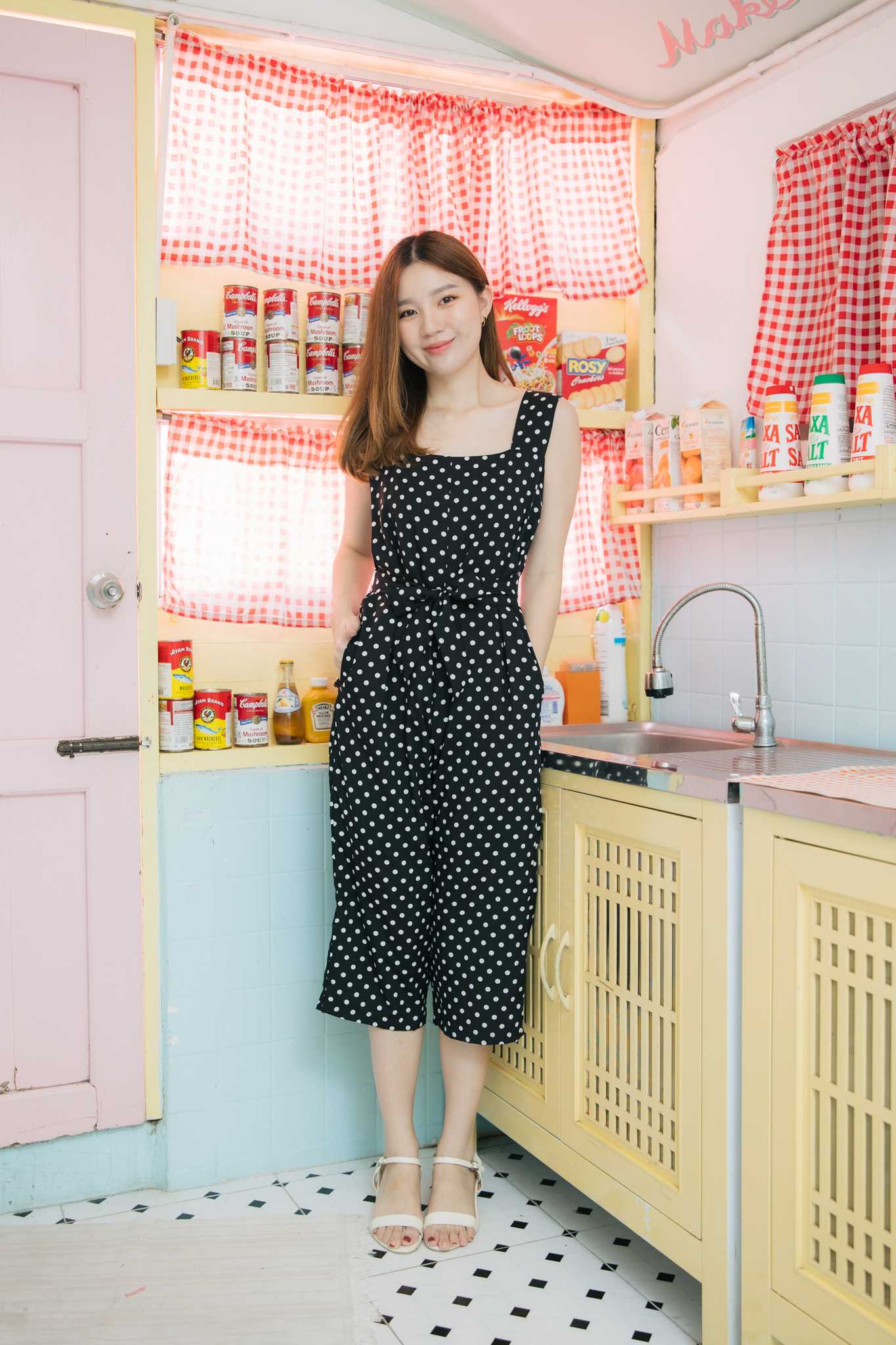 จัมสูทให้นม Black polka dot twotone jumpsuit