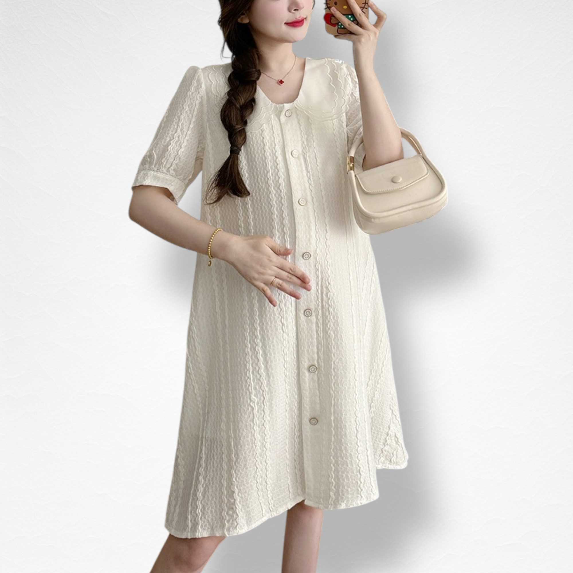 เดรสใส่ออกงานใส่ทำงานแบบเรียบหรูดูดีสวยงามมากๆ คอวีปกผ้าแก้วแต่งหยักแบบปกซ้อน - สีขาว