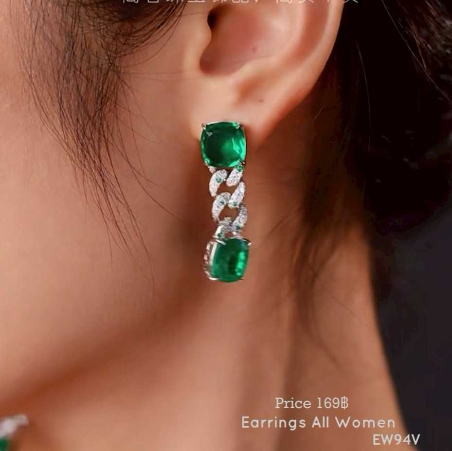 EW94V ต่างหูระย้าห่วงสีเขียว  ออกงาน เครื่องประดับ เงิน 925