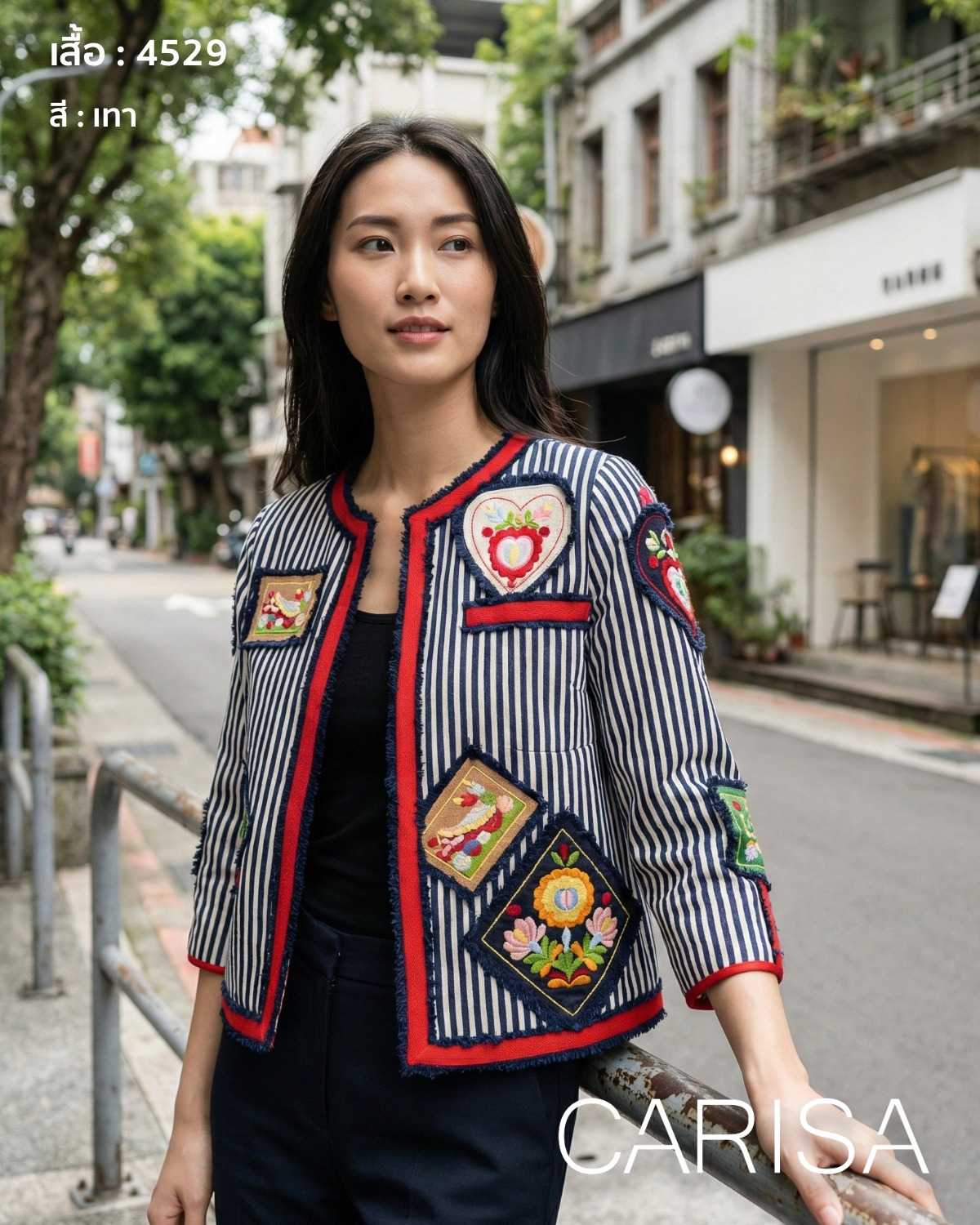 4529 เสื้อคลุมแขนยาว ผ้าคอตตอนลินิน ดีเทลตัดปะปักลายดอกไม้ แพทเทิลเป๊ะ ผ้าซับในเนื้อละเอียด