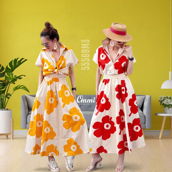 Ommishop 55569M3 ชุดเซ็ท เสื้อคอปกแขนสั้น และกระโปรงยาว ลายดอก Mari มารีเมกโกะ Cotton Japan 100% ...