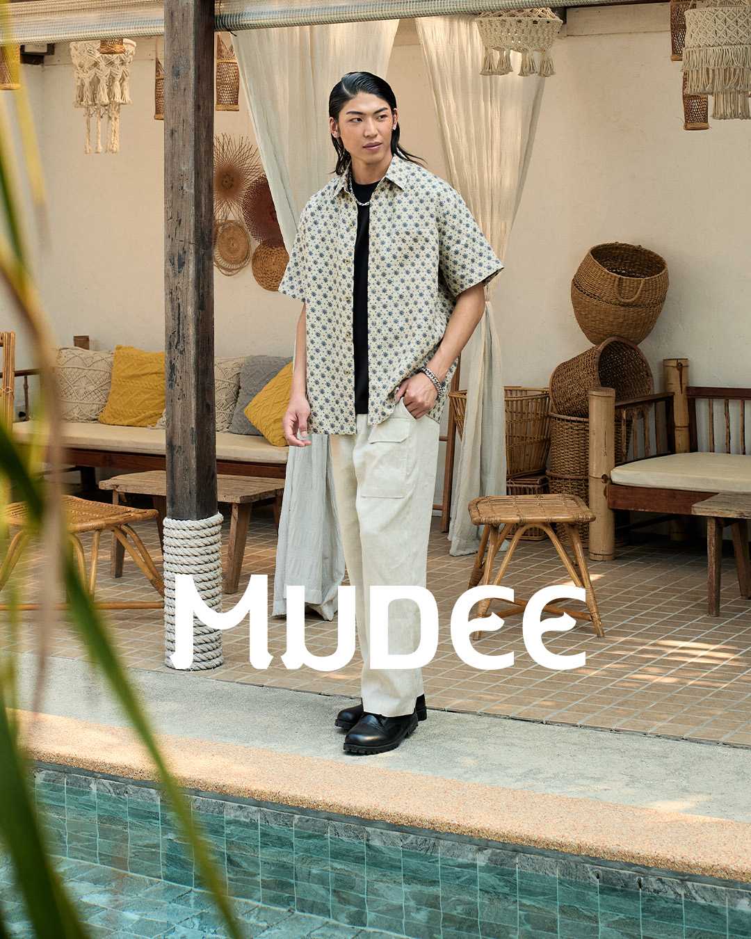 เสื้อเชิ้ตผู้ชาย ผ้าลินินพิมพ์ลาย 100% สีกากี-ดำ Premium Linen Fabric Print - Khaki - Black