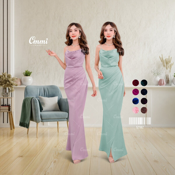 Ommishop ชุดราตรี 1218Z สายเดี่ยวคอถ่วง ผ้าซาร่าเงา เดรสออกงาน ชุดงานแต่ง เพื่อนเจ้าสาว