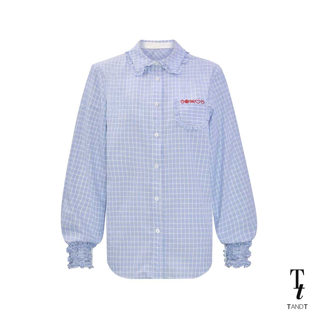 TandT - CHARLOTTE SHIRT - EMBROIDERED SYMBOL RUFFLE TRIMMED LONG SLEEVES SHIRT