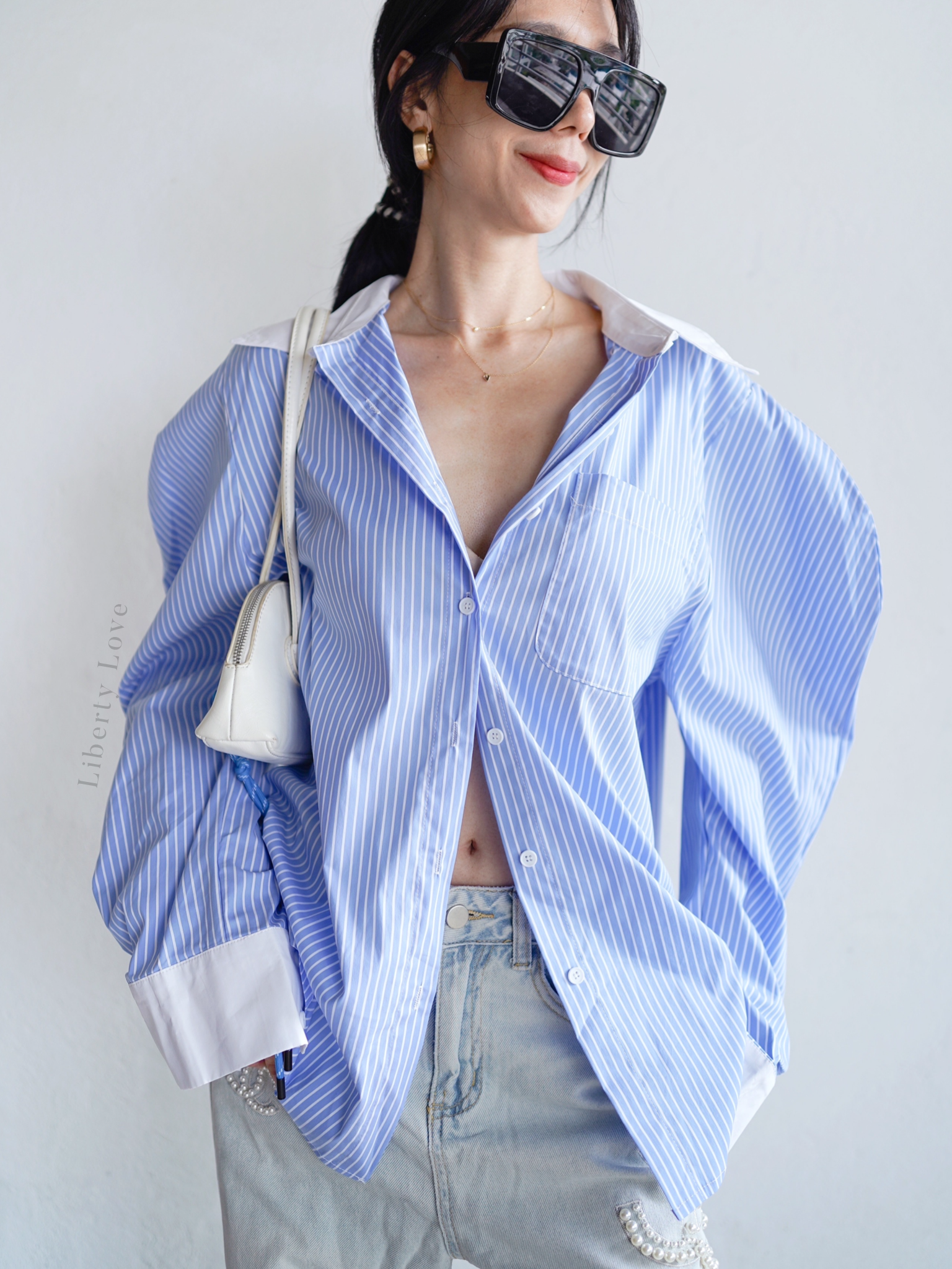 5078#1 Puff sleeves blue stripe shirt 