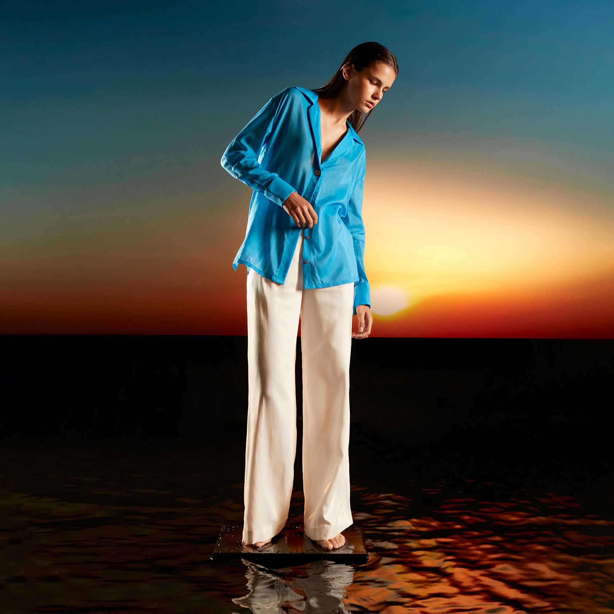 Vie Silk-Blend Open Collar Shirt in Capri