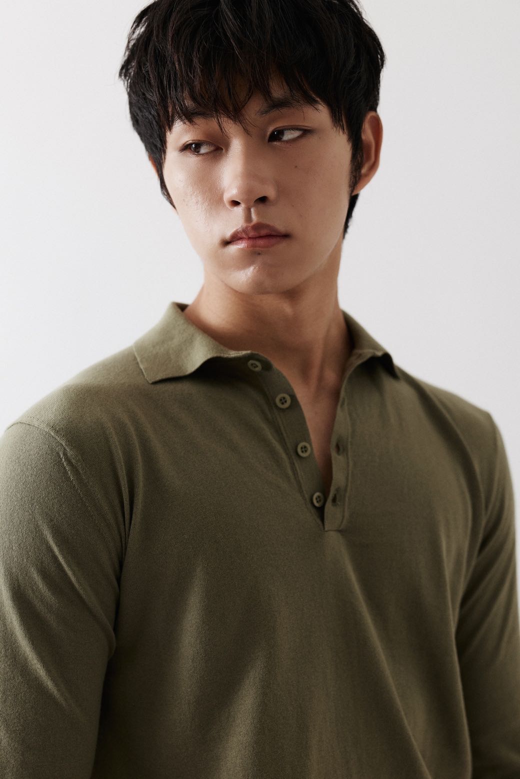 Sander  Knitted Long Sleeve Polo in Moss Green