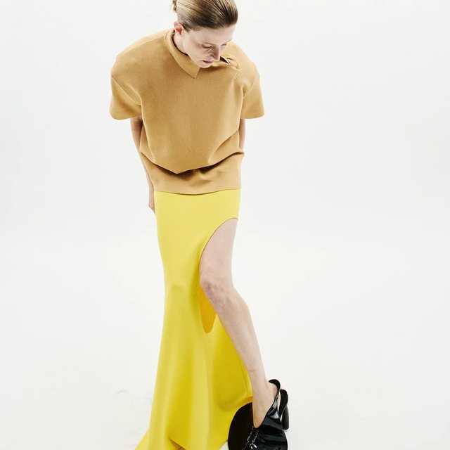 A.W.A.K.E. Knitted Flared Skirt with Cut Out - Yellow