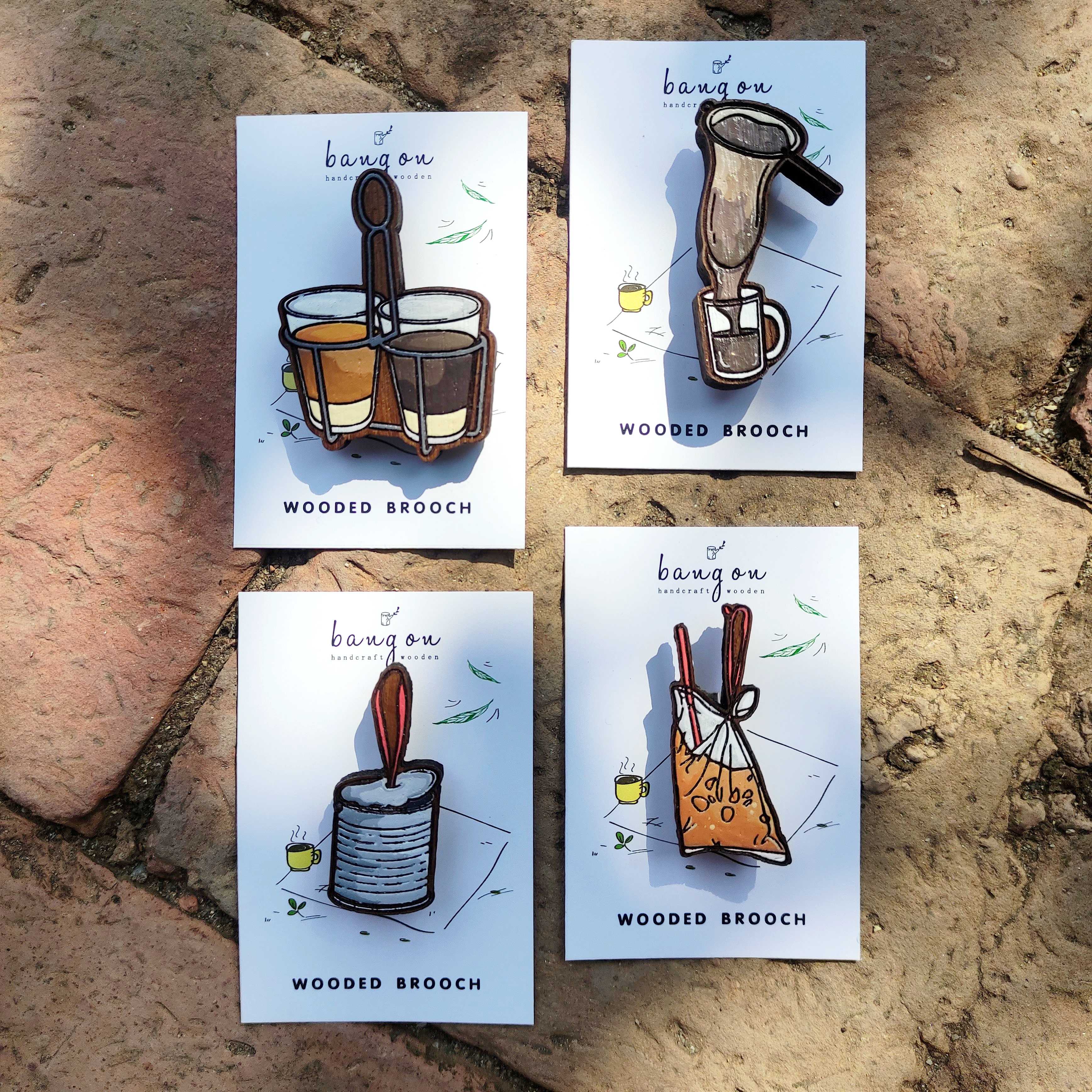 Wooden brooch traditional coffee collection 
