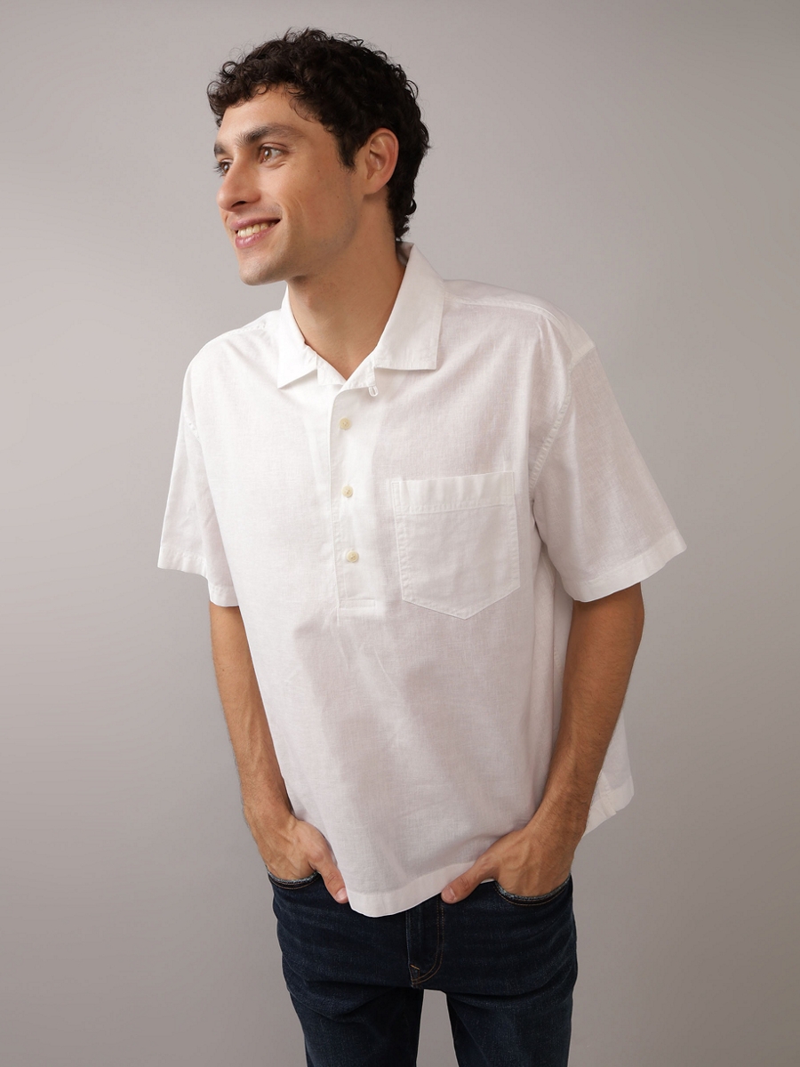 เสื้อเชิ้ต ผู้ชาย VINTAGE WHITE SS OVERSIZED CAMP COLLAR POP OVER LINEN SHIRT ( 015-6283-123 )