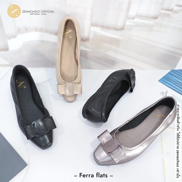 ทรงปกติ:เปลี่ยนไซส์ได้-ไม่รับคืน Zenachoo รุ่น Ferra Flats สูง 0.8 นิ้ว รองเท้าหนังแกะแท้ หนังนิ่...