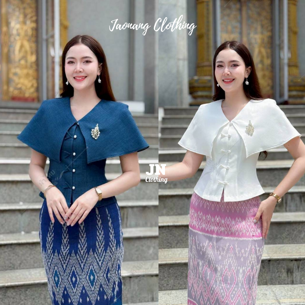 เสื้อผ้าฝ้ายลินิน ผู้หญิง คอวีปกคลุมไหล่ ทรงสุภาพ ใส่ทำงาน สวมใส่สบาย อ่อนหวาน มีเสน่ห์แบบสาวไทย