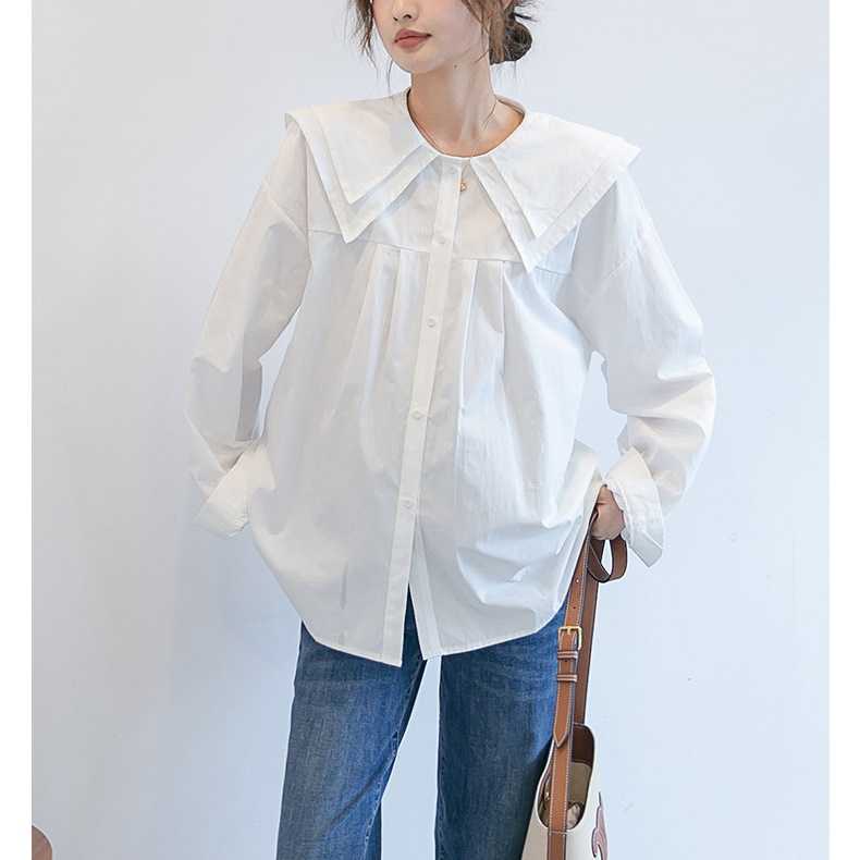 เชิ้ตสีขาวทรง oversize แบบเรียบเก๋น่ารักมากๆหยิบใส่ได้ตลอด ปกซ้อน2ชั้น ผ้าไม่บางนะจ้า
