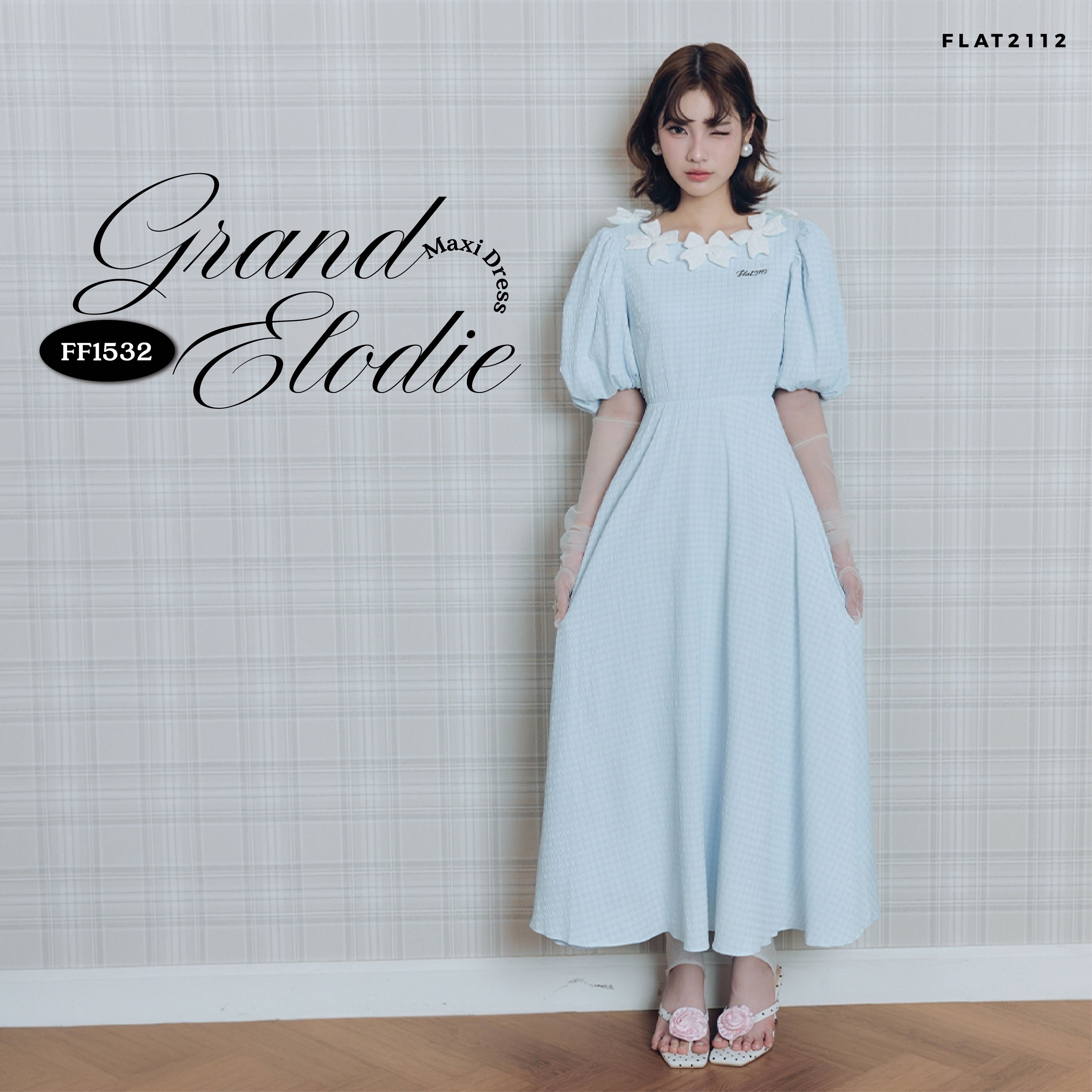 FLAT2112 : GRAND ELODIE MAXI DRESS เดรสยาวสีฟ้าอ่อน เดรสคอดอกไม้สไตล์เกาหลีเรียบหรู (FF1532)