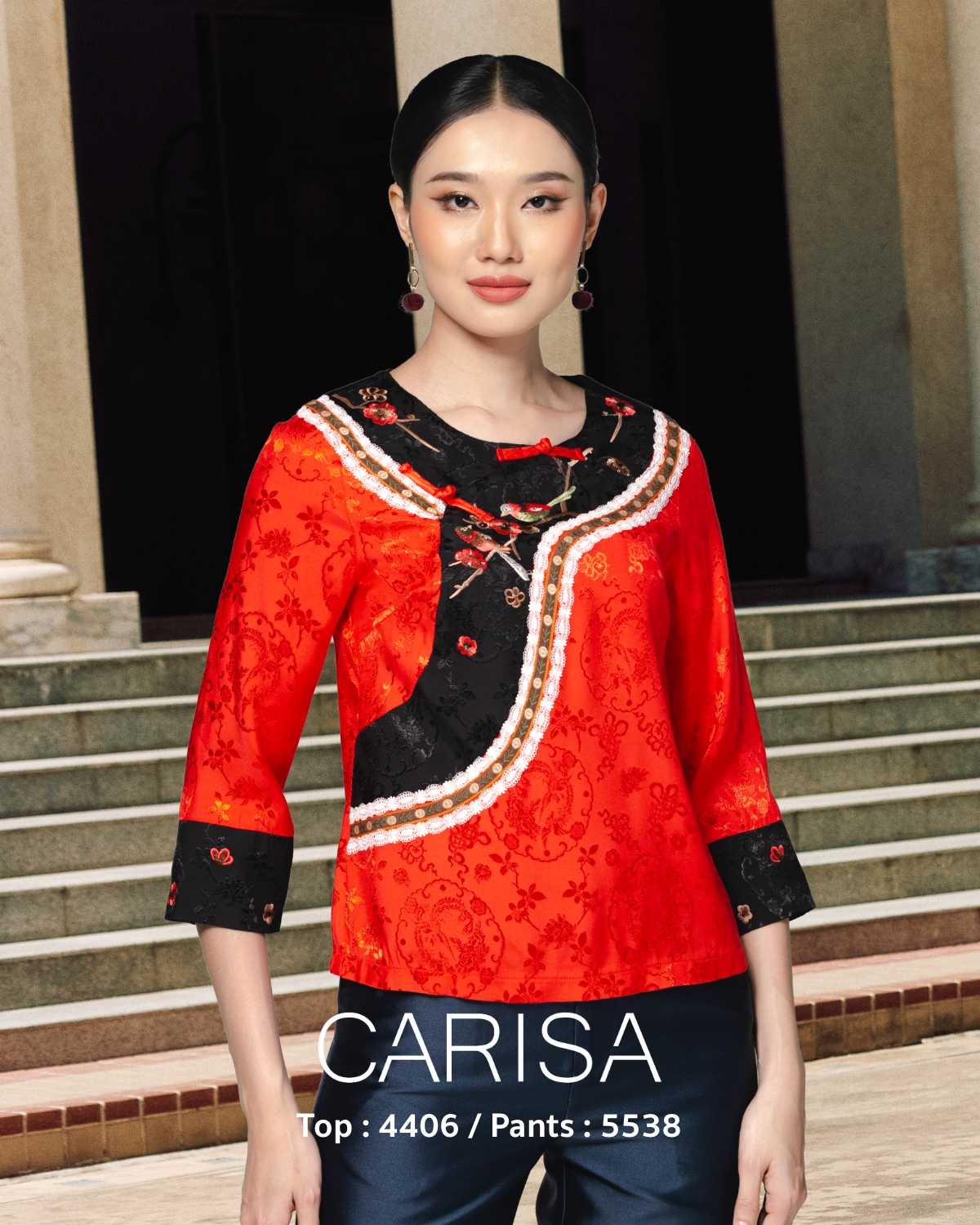 [4406] เสื้อตรุษจีนผ้าแพรนุ่มสบาย แขนยาว งานปักลายทั้งตัว ซิปข้าง ทรงสวย แพทเทิลเป๊ะ
