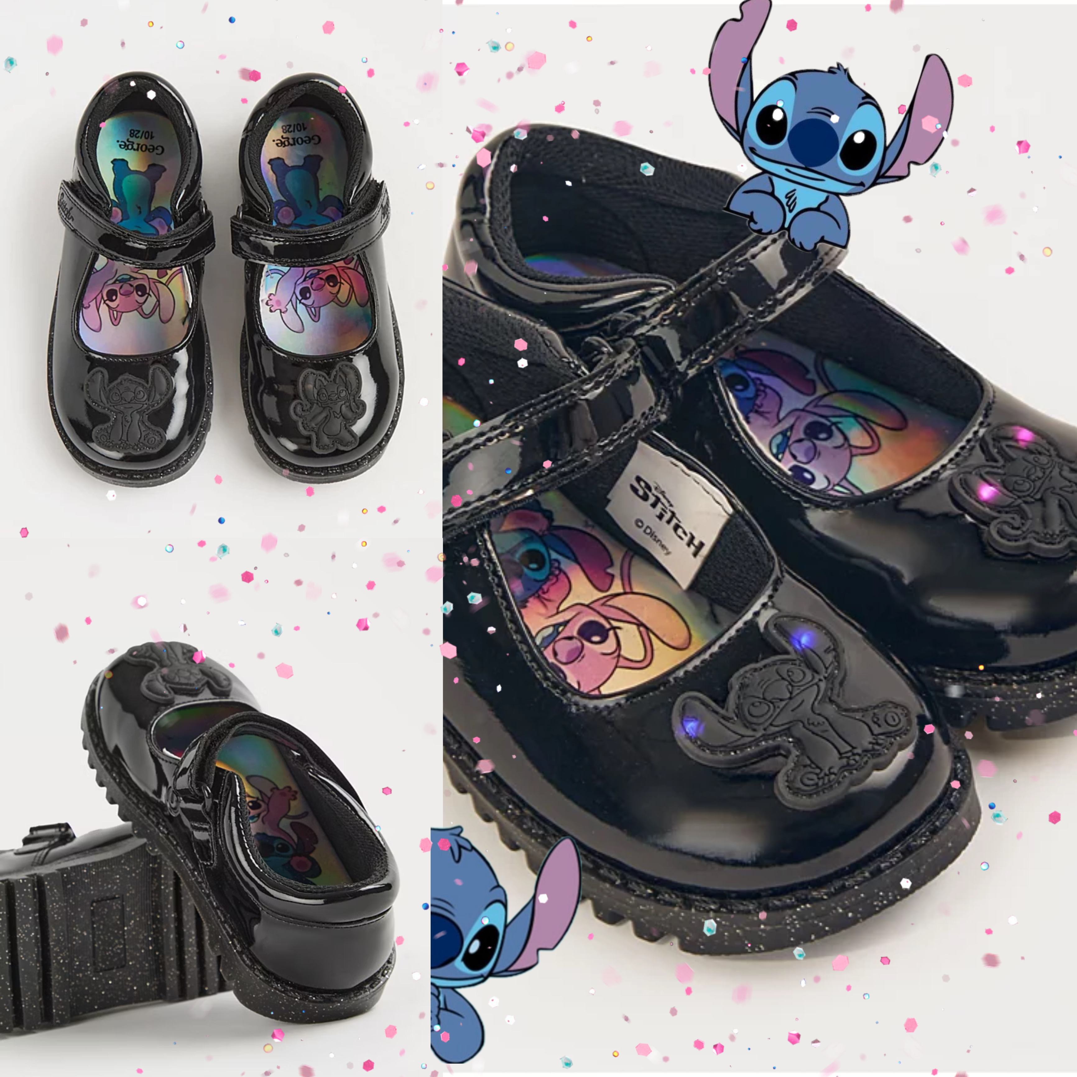 Preorder12-18วัน-(UK)/Size UK8-UK3/รองเท้านักเรียนเด็กหญิง Disney Stitch หนังแก้วดำ มีไฟ Light Up