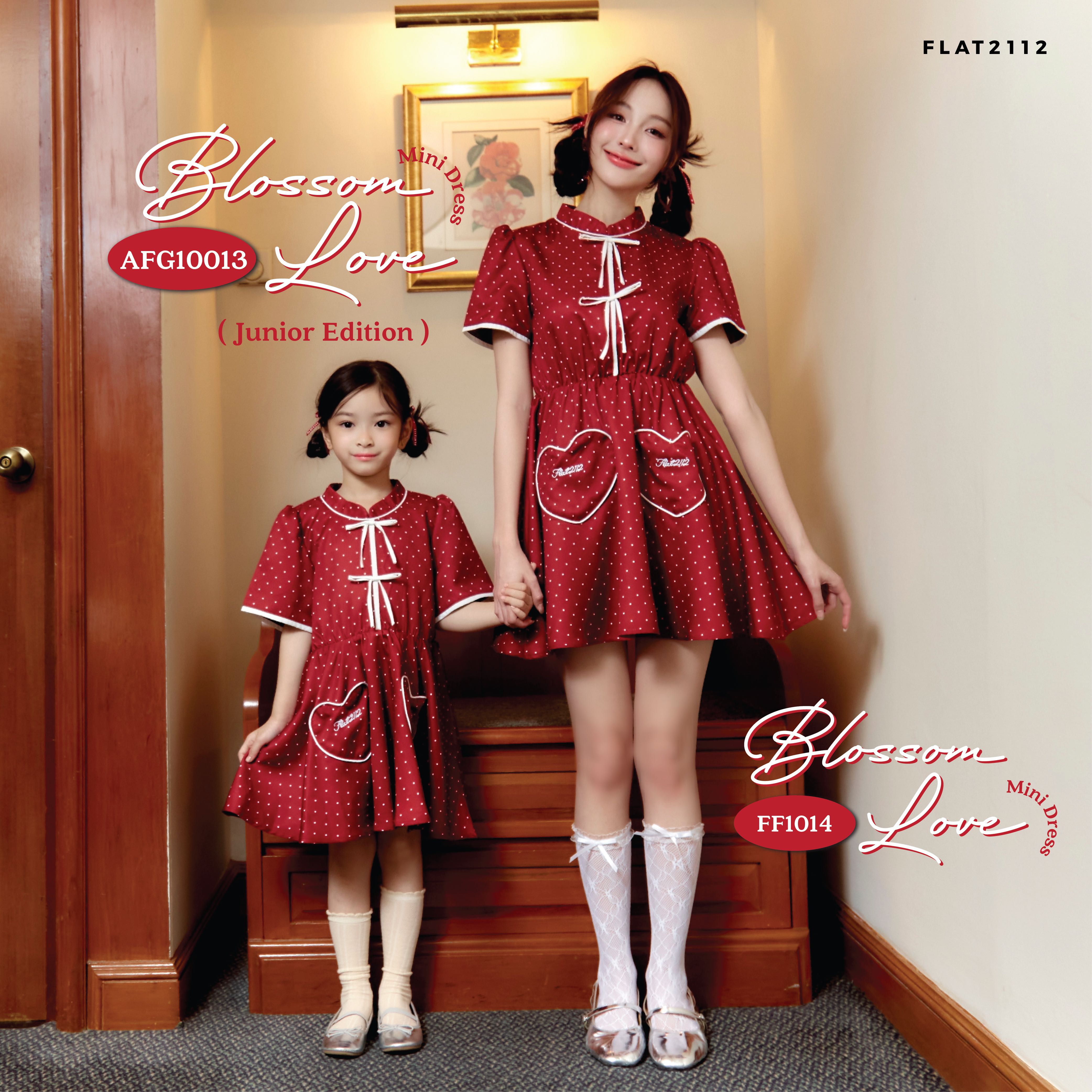 FLAT2112 FF1014 : BLOSSOM LOVE MINI DRESS มินิเดรสคอจีน แต่งโบว์ กระเป๋าหน้า ชุดจีน