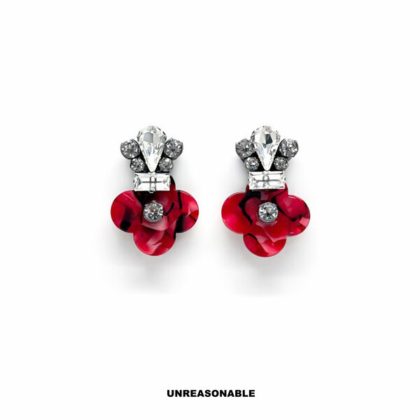 Red Marble Clover Earrings สีแดง ต่างหูคลิป ต่างหูก้านเงินแท้ น้ำหนักเบา สวยใส่สบาย UA0610-03 Unr...