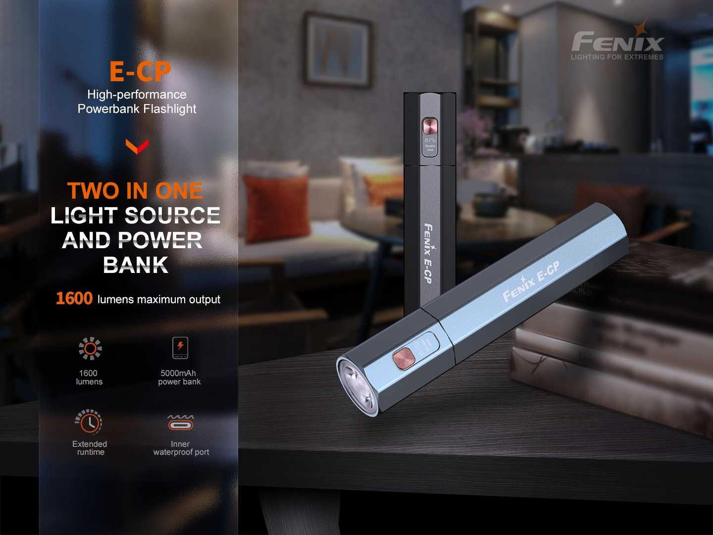 ไฟฉายFENIX E-CP  1600 lm ชาร์จและจ่ายไฟ เร็วUSB Type C เล็ก กระทัดรัด
