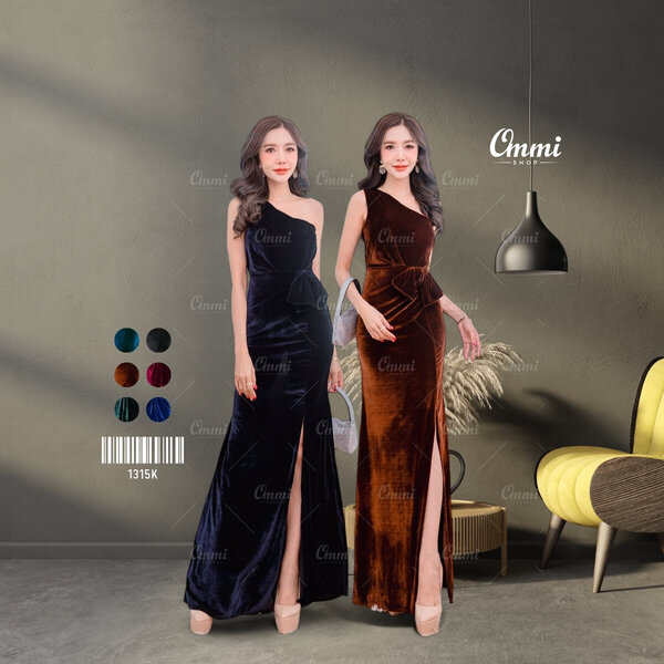 Ommishop ชุดราตรี 1315K ไหล่เดียว แต่งโบว์ที่เอว กำมะหยี่ เดรสออกงาน ชุดงานแต่ง เพื่อนเจ้าสาว