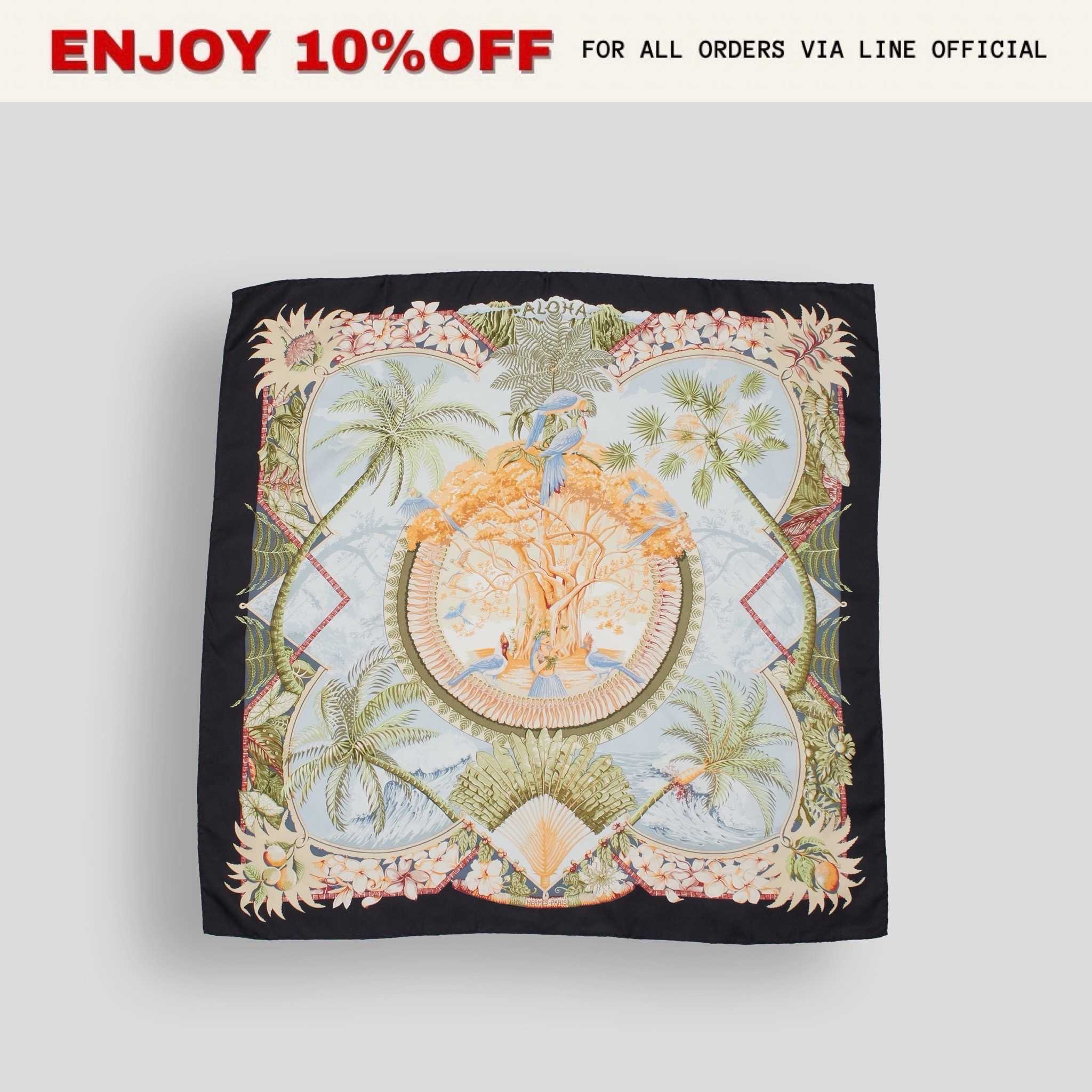 (C) NEW! HERMES Aloha Silk Scarf สี Noir/Vert/Orange | ACC
