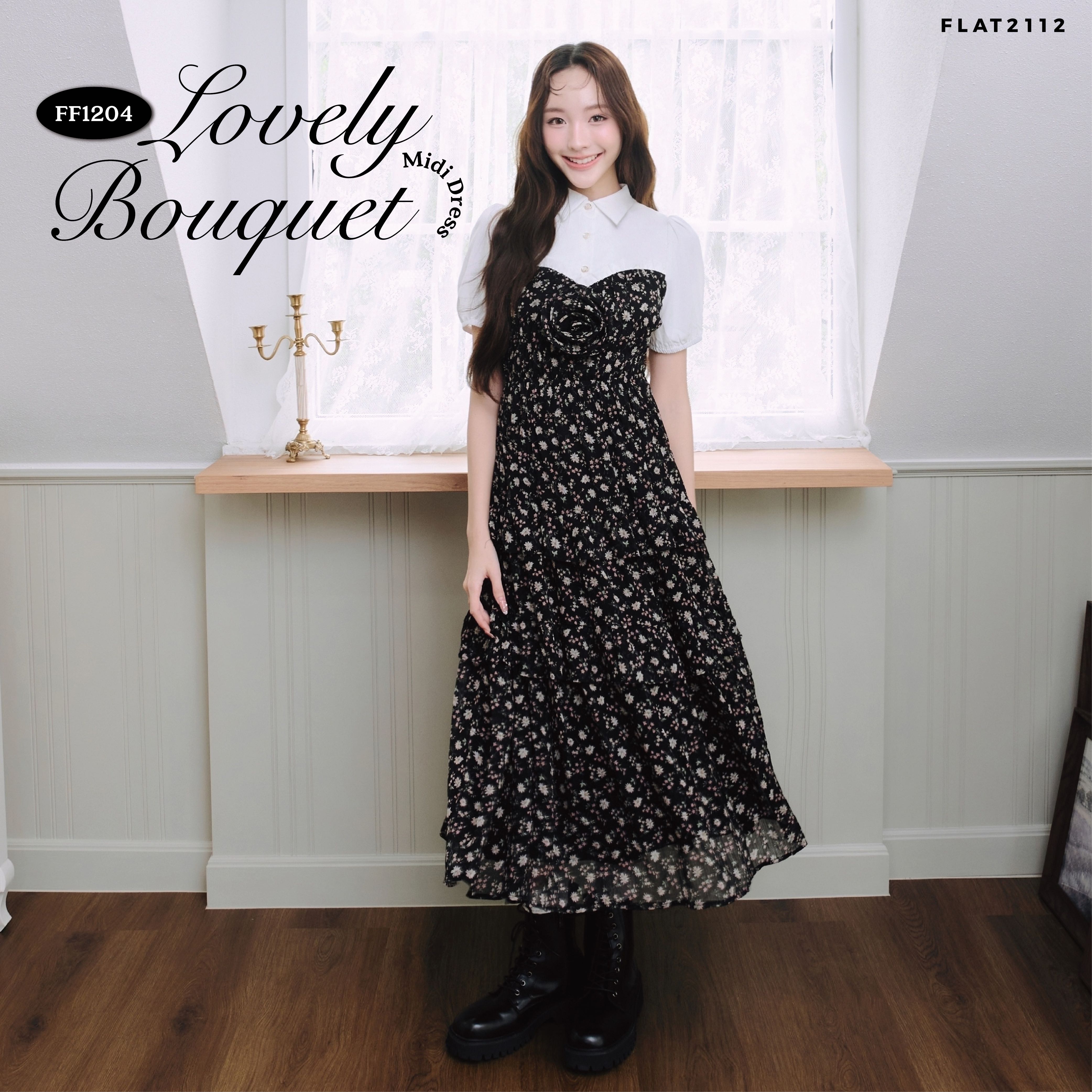 FLAT2112 : LOVELY BOUQUET MIDI DRESS  เดรสยาว ผ้านุ่ม เข้ารูปทรงสวย  เดรสออกงาน(FF1204)