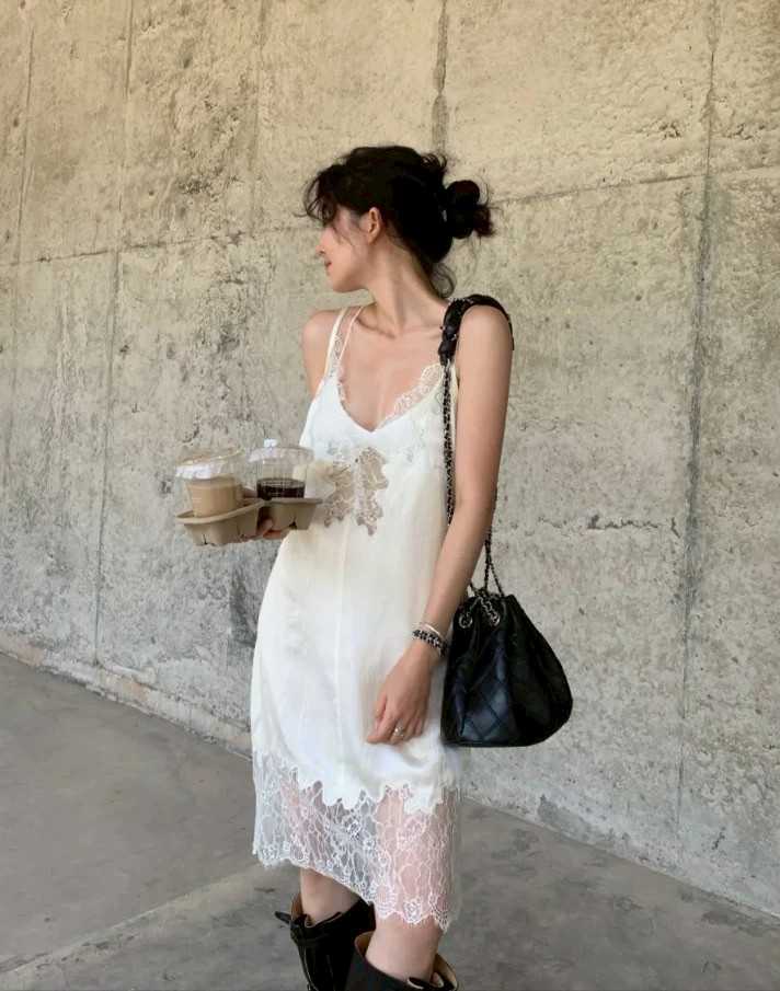 ALL IN LUNA SATIN LACE SLIP DRESS 