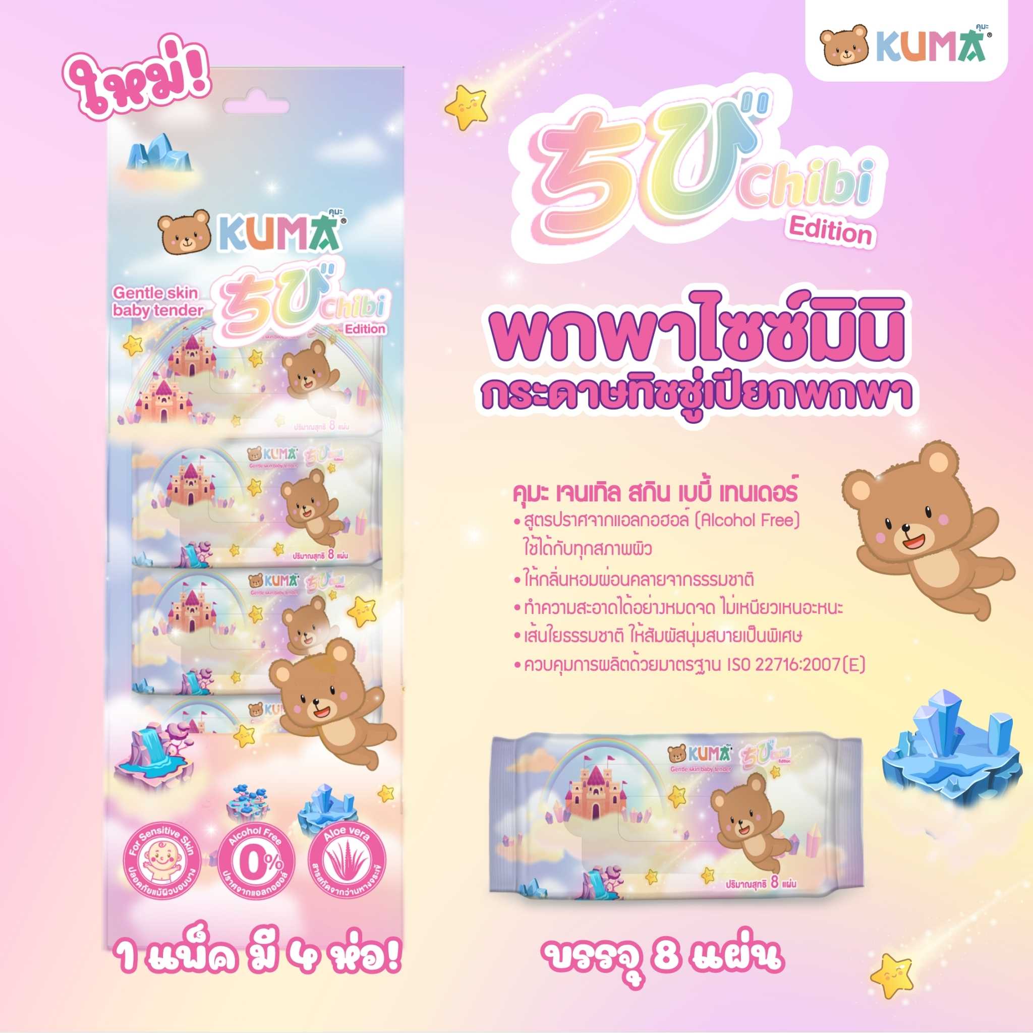 Kuma ทิชชูเปียก พกพาไซซ์มินิ Chibi 3 แพ็ค ( 12ห่อ )