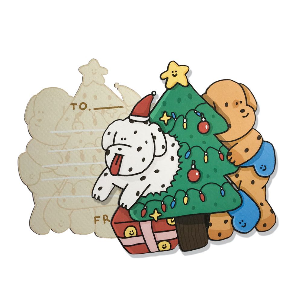 die cut postcard - Christmas dog n tree