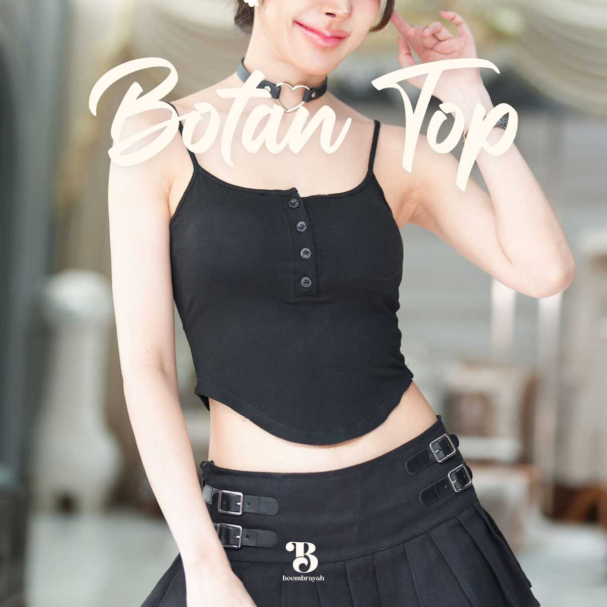 BOOMBRAYAH เสื้อสายเดี่ยว ติดกระดุม ผ้าเรยอน เสริมฟองน้ำ ดันอกดูมขึ้น เสื้อทรงโค้งเว้า กระชับสัดส่วน