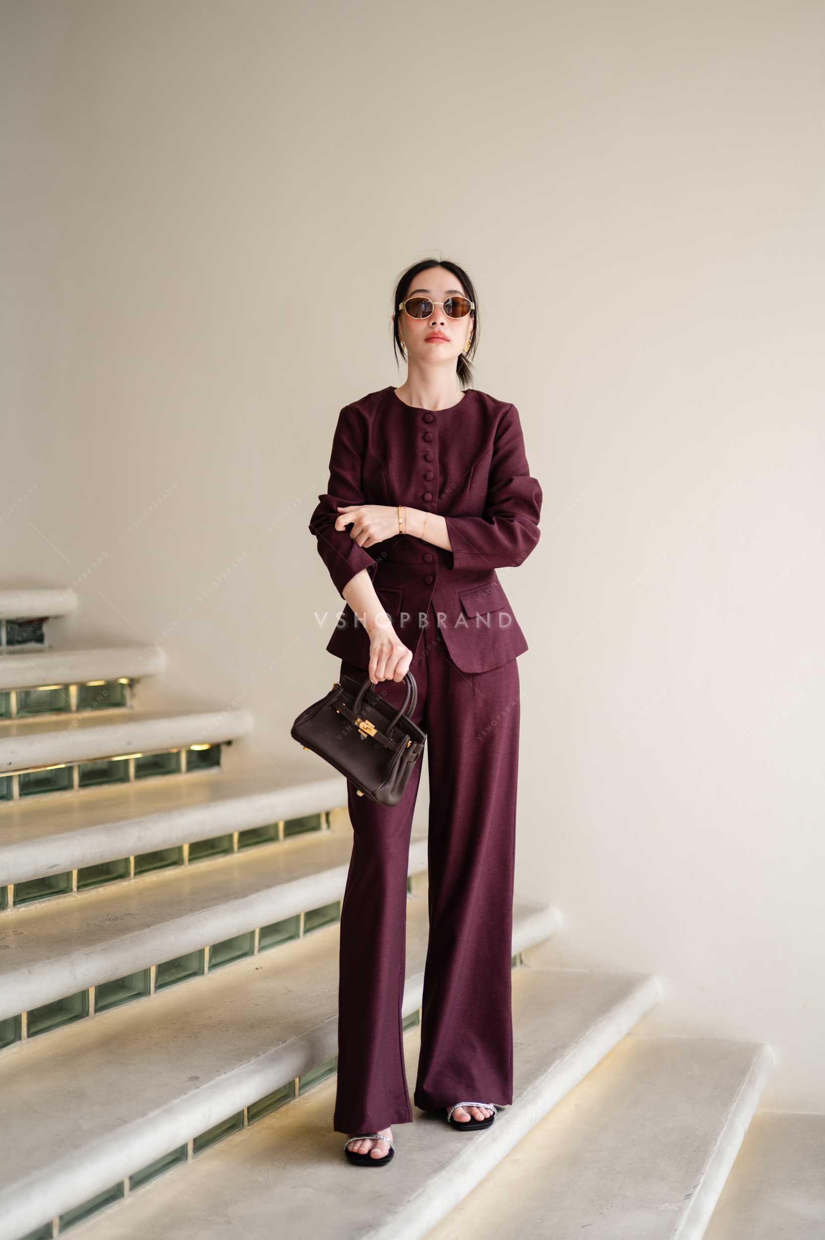 Set เสื้อแขนยาวทรงสูทกระดุมหน้า + กก.ขายาว