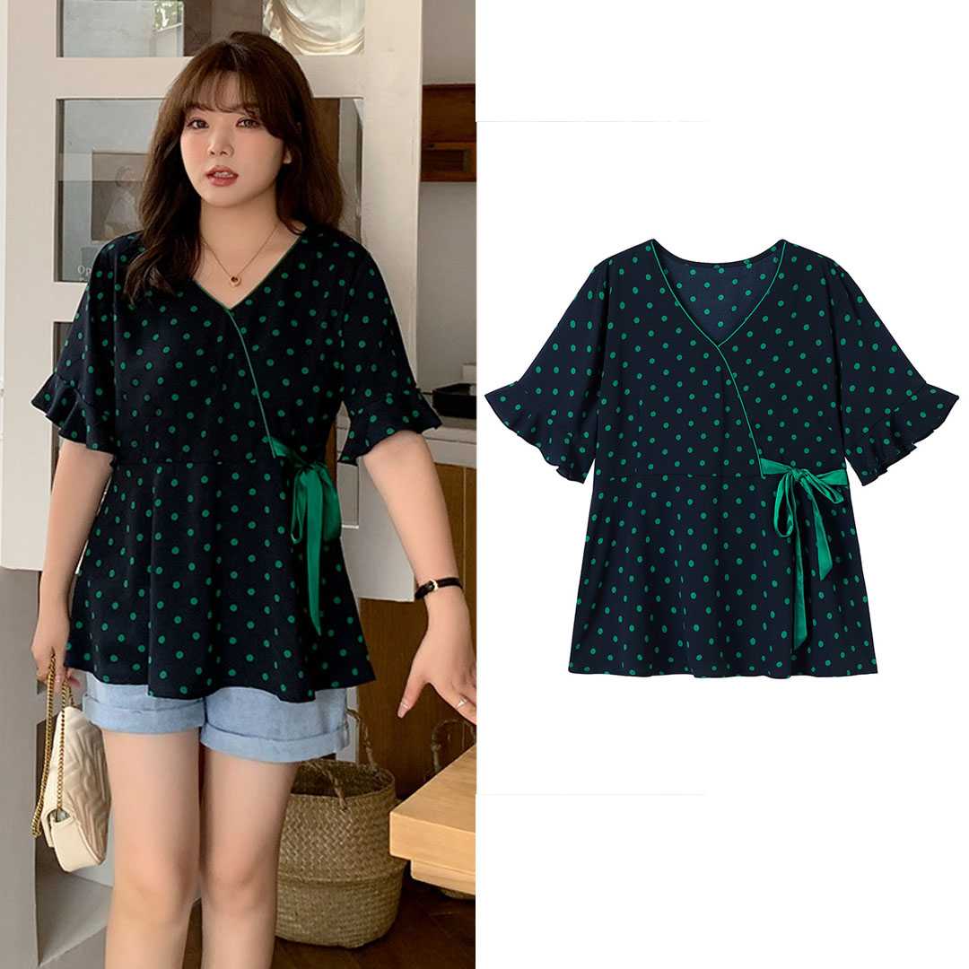 41-2292 เสื้อแขนระบายลายจุด สีกรม/เขียว