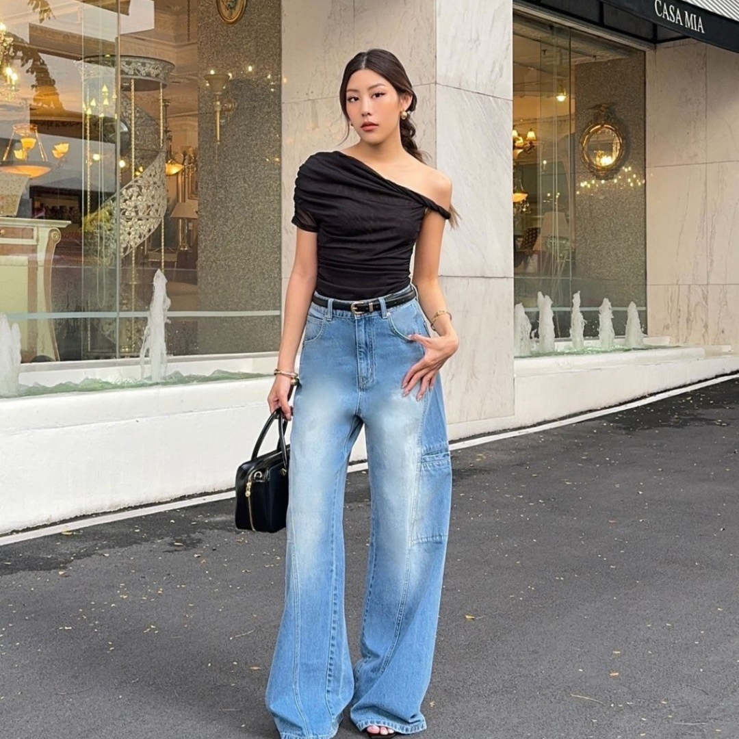 SAVOY - High Rise Blue Paneled Cargo Jeans