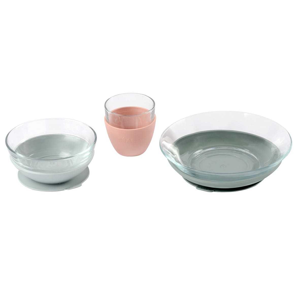 ชุดจาน ชาม แก้วน้ำ ทำจากแก้ว Duralex Glass Meal Set With Soft Protective Suction Pad - Eucalyptus