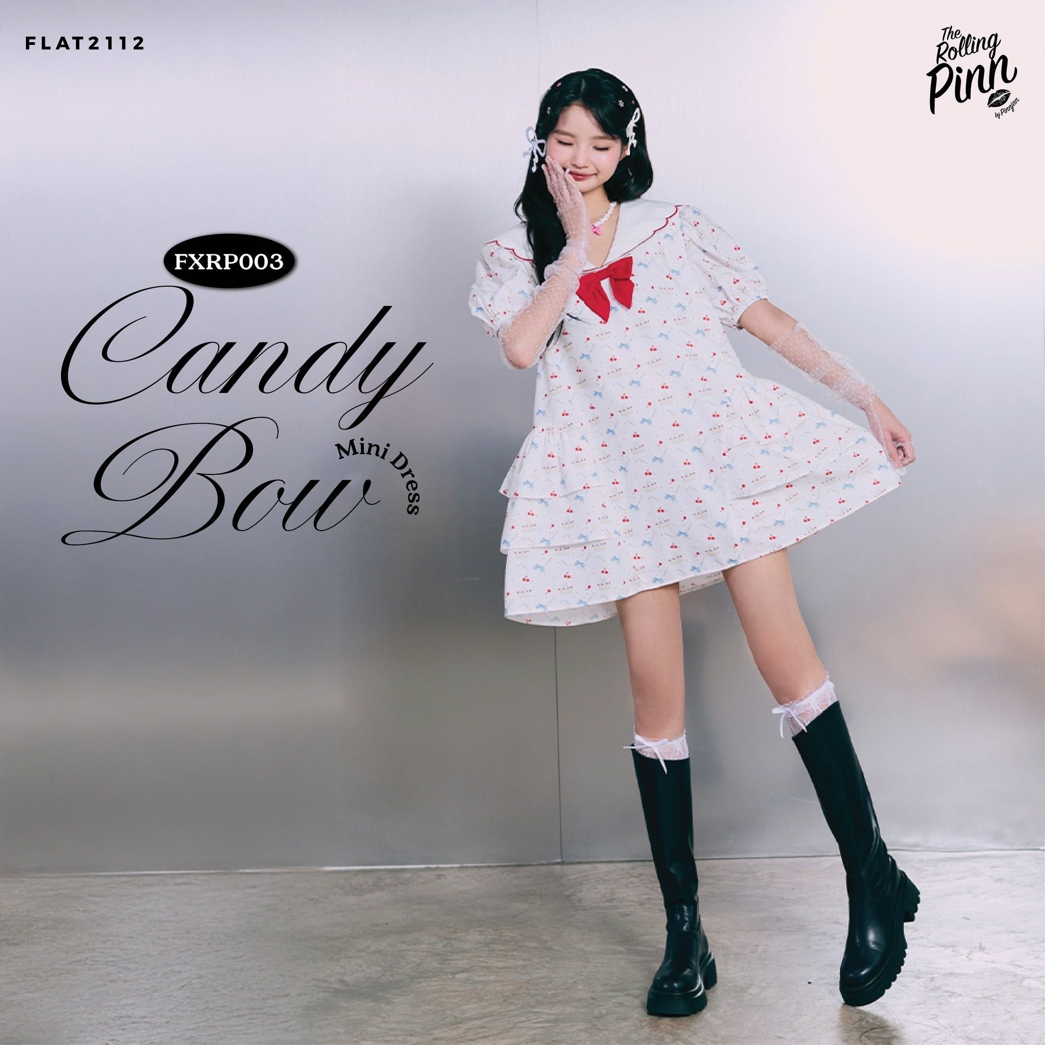 FLAT2112 : CANDY BOW MINI DRESS เดรสสีครีมคอปก แต่งโบว์แดง แขนสั้น ลุคคุณหนูสไตล์เกาหลี (FXRP003)