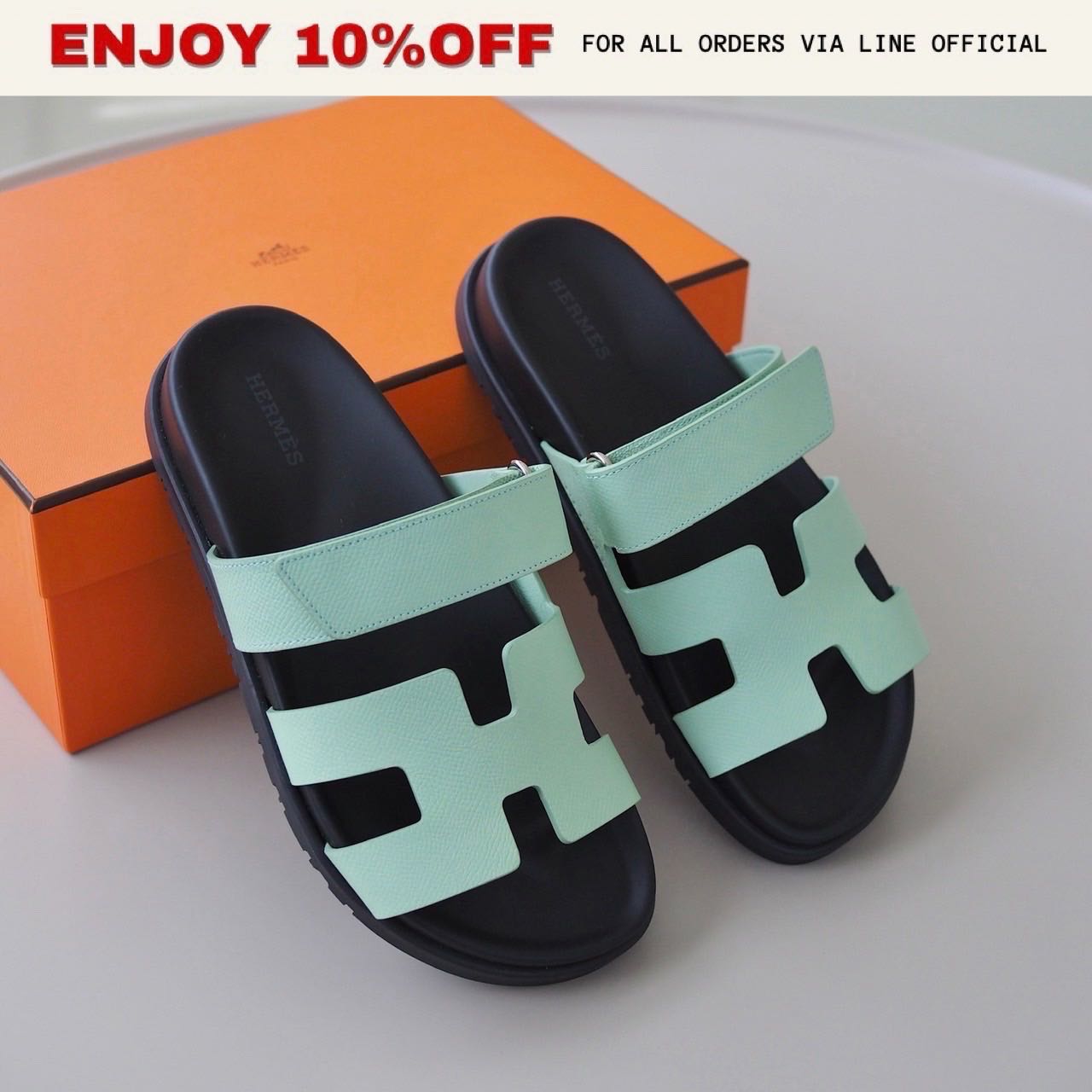 NEW! HERMES Chypre Sandals สี Vert Jade Epsom | Shoes