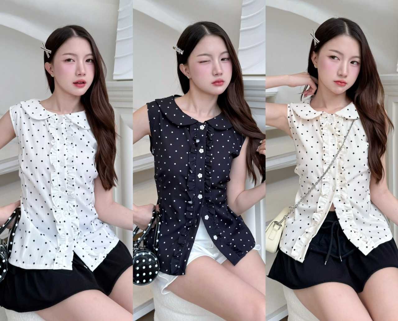 เสื้อแขนกุดคอบัวลายจุด