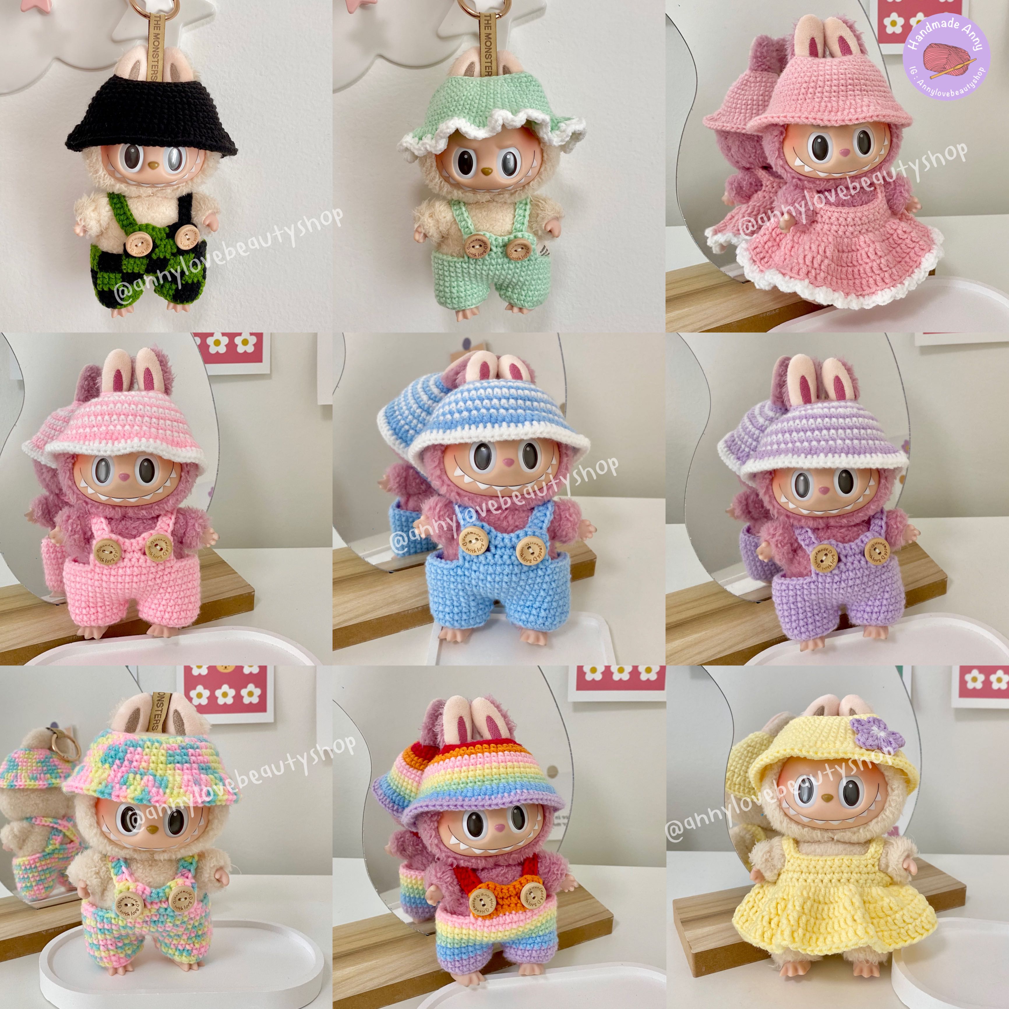 HandmadeAnny 🏳️‍🌈 เซต 2 ชิ้น หมวกบักเก็ต+เอี๊ยมหรือเดรส ถักไหรพรม สำหรับลาบูบู้ V1