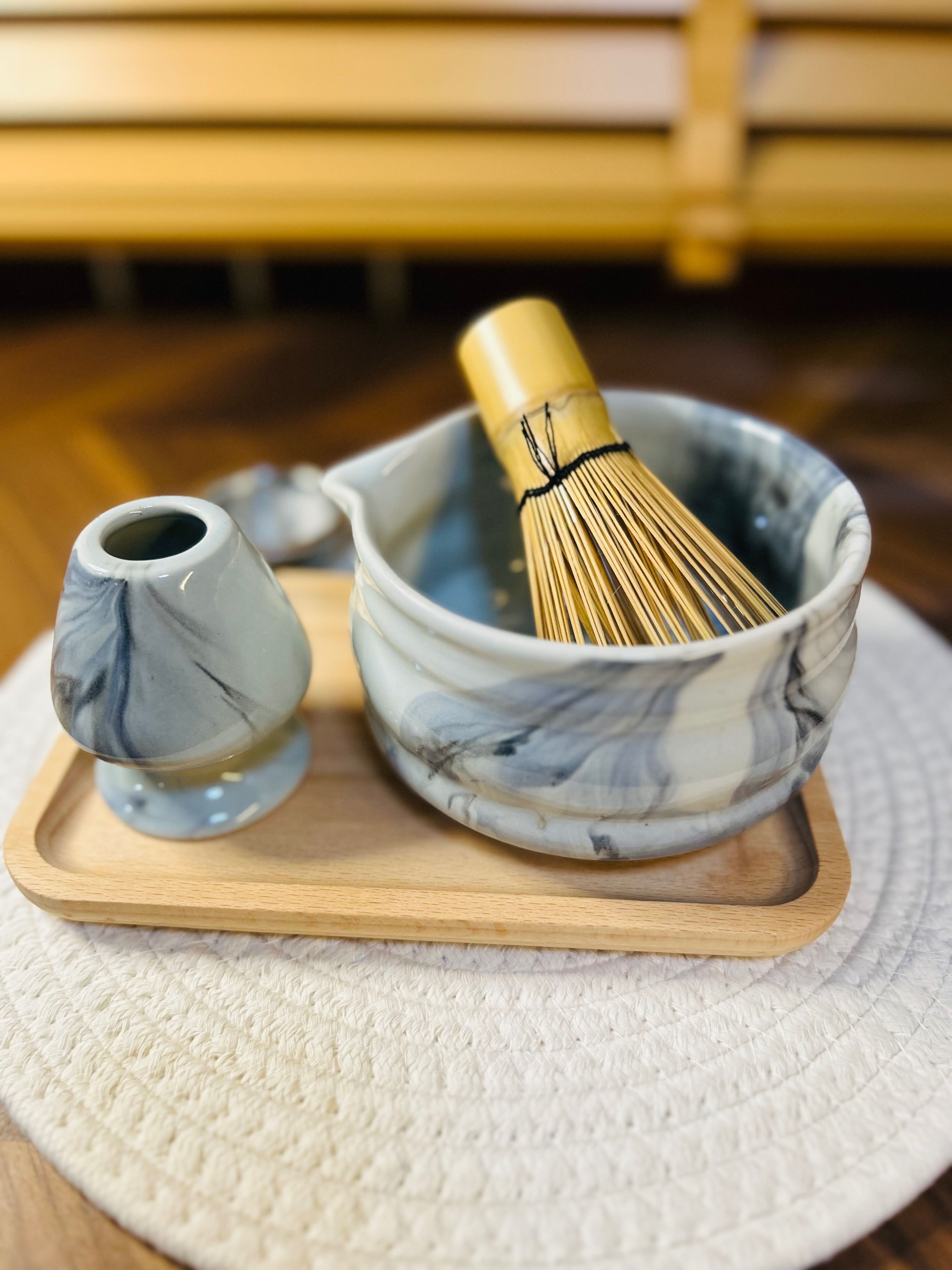 🍵𝑪𝒉𝒂𝒘𝒂𝒏 : Marble Set 🩶🤍  เซตชามชงมัทฉะ & แท่นวางแปรง  🩶🤍 สีขาว ลายหินอ่