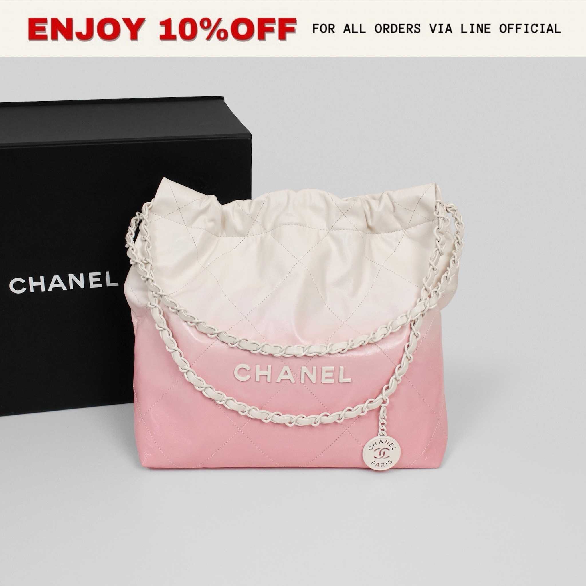 📍KEPT UNUSED📍CHANEL 22 Small สี White/Light Pink Patent Gradient Calfskin Lacquered Metal | Bag
